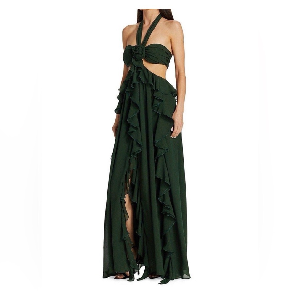 Ronny Kobo Collection Strapless Dark Green Ruffle Dress